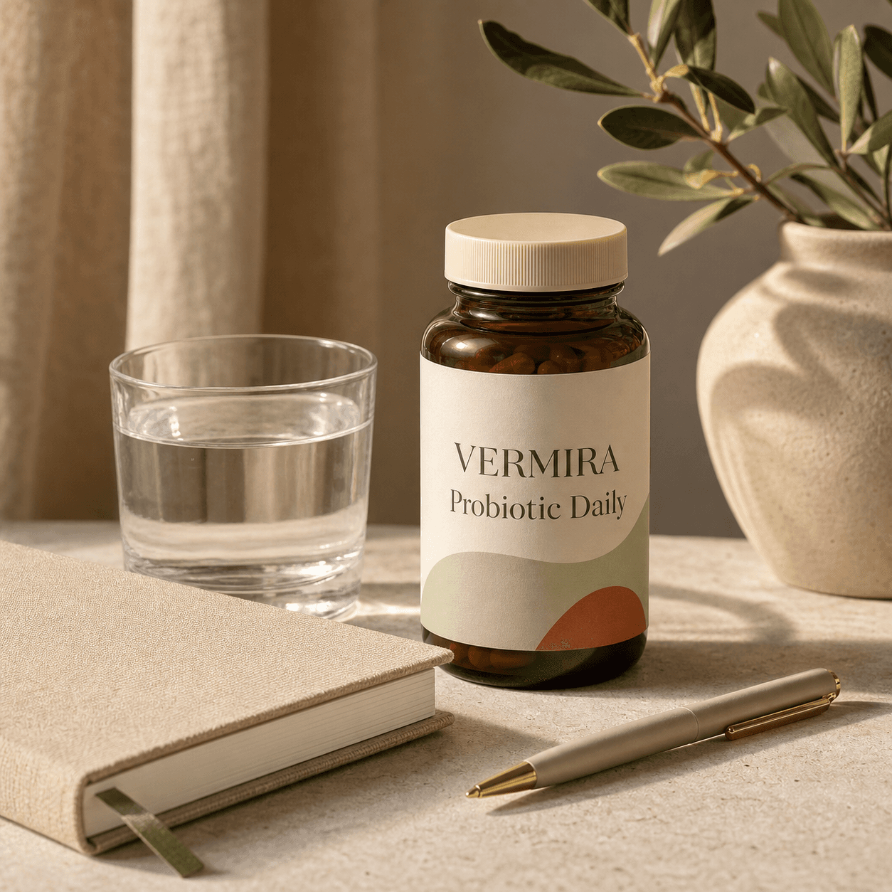 Vermira Probiotic Daily bottle beside a notebook and water glass