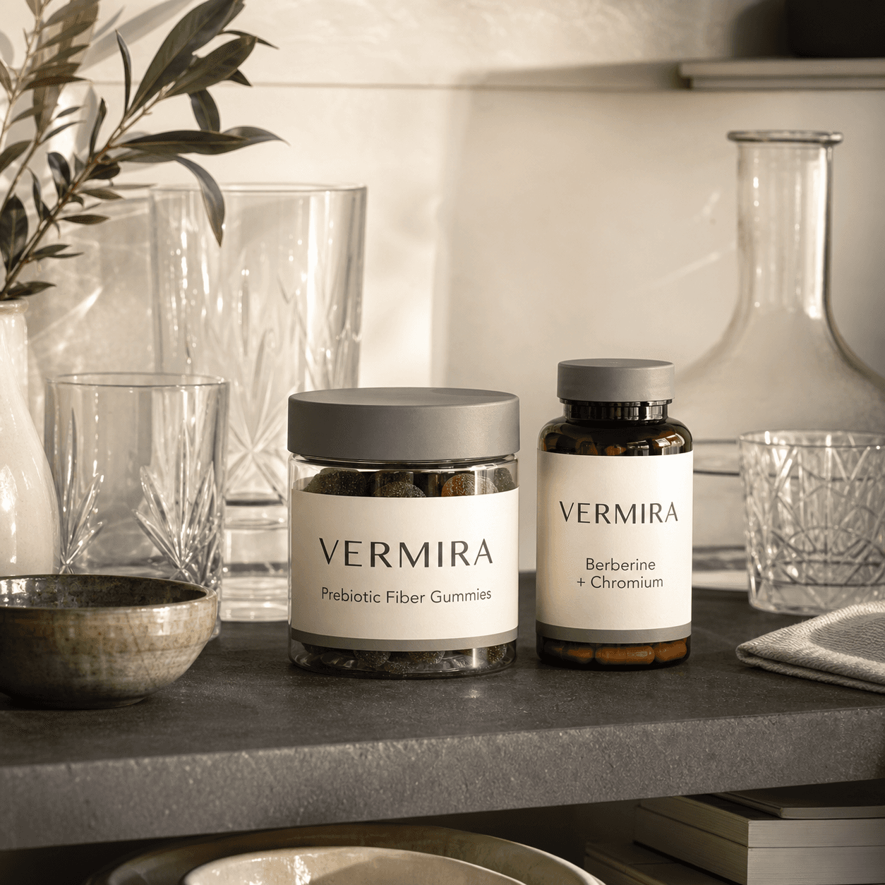 Vermira formulas arranged on an orderly pantry shelf